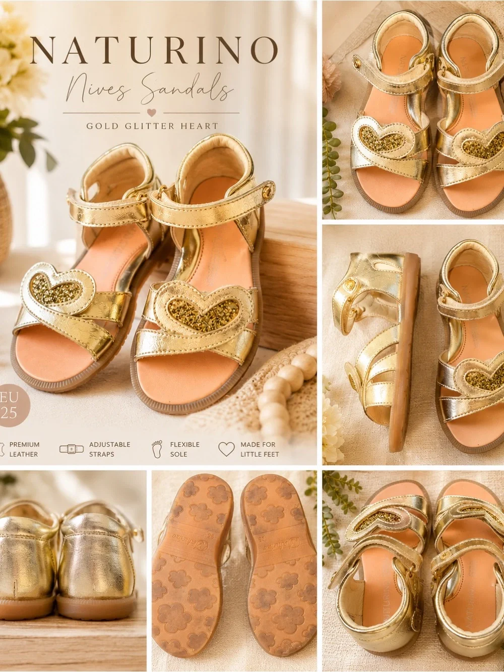 Naturino Girls Gold Metallic Leather Glitter Heart Sandals EU 25 size 8.5-9